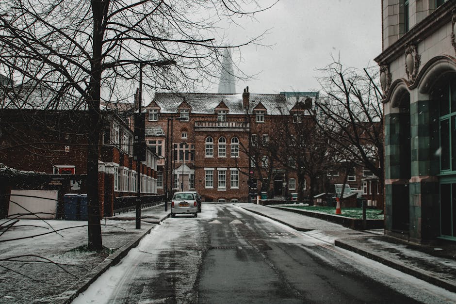 A street scene during winter with snow covering the pavement and road, featuring rows of residential and commercial buildings on either side. In the foreground, bare trees with branches extending over